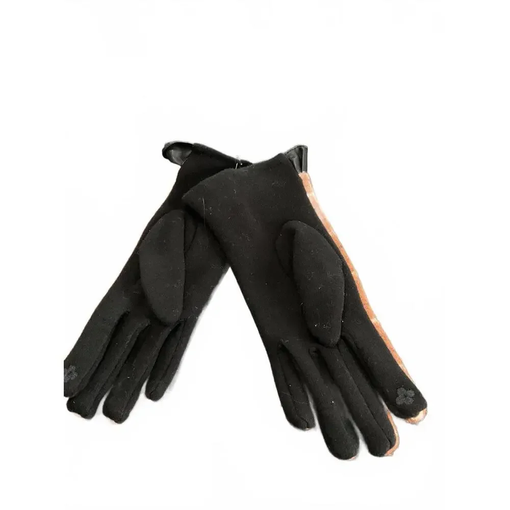 Cozy Brown Plaid Gloves with Black Trim and Button Detail